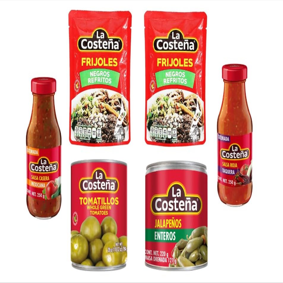 Mexican Lovers Kit - La Costea Mexican Pantry Bundle, Frijoles Negros Refritos, Tomatillos, Jalapeos Enteros, Salsa Roja, 6 Items