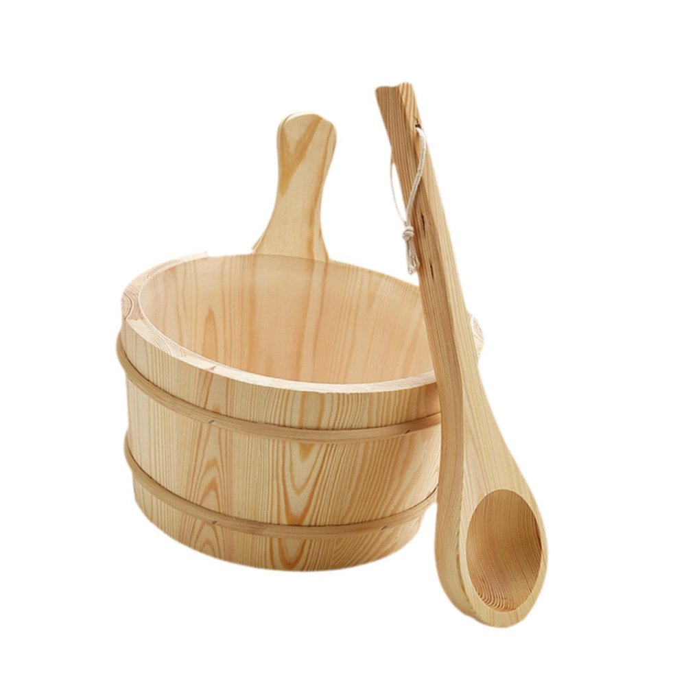 ALCXAZS 4L Capacity Sauna Bucket and Ladle Set Premium Wooden Bath Accessories Spa Pool Sauna Room Applications 4L Bucket and Ladle Set Handmade Bathroom