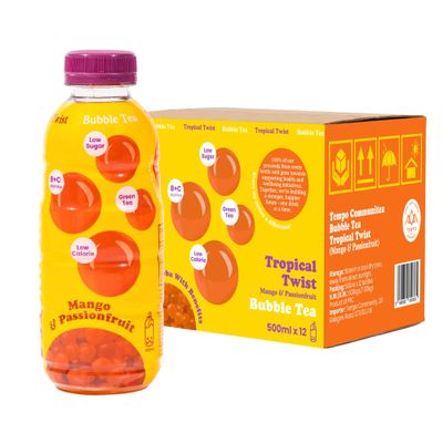 Tropical Twist, Mango & Passionfruit Popping Boba in a Bottle, Bubble Fruit Tea, 12 x 500ml Bottles