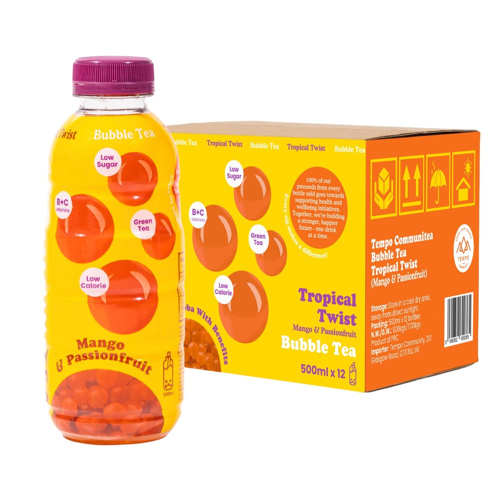 Tropical Twist, Mango & Passionfruit Popping Boba in a Bottle, Bubble Fruit Tea, 12 x 500ml Bottles