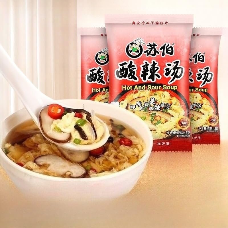 A delicious, hot and sour instant breakfast soup, a classic Chinese snack, perfect for dorms or offices. 12g/packet, mushroom and vermicelli flavor. (10packs)