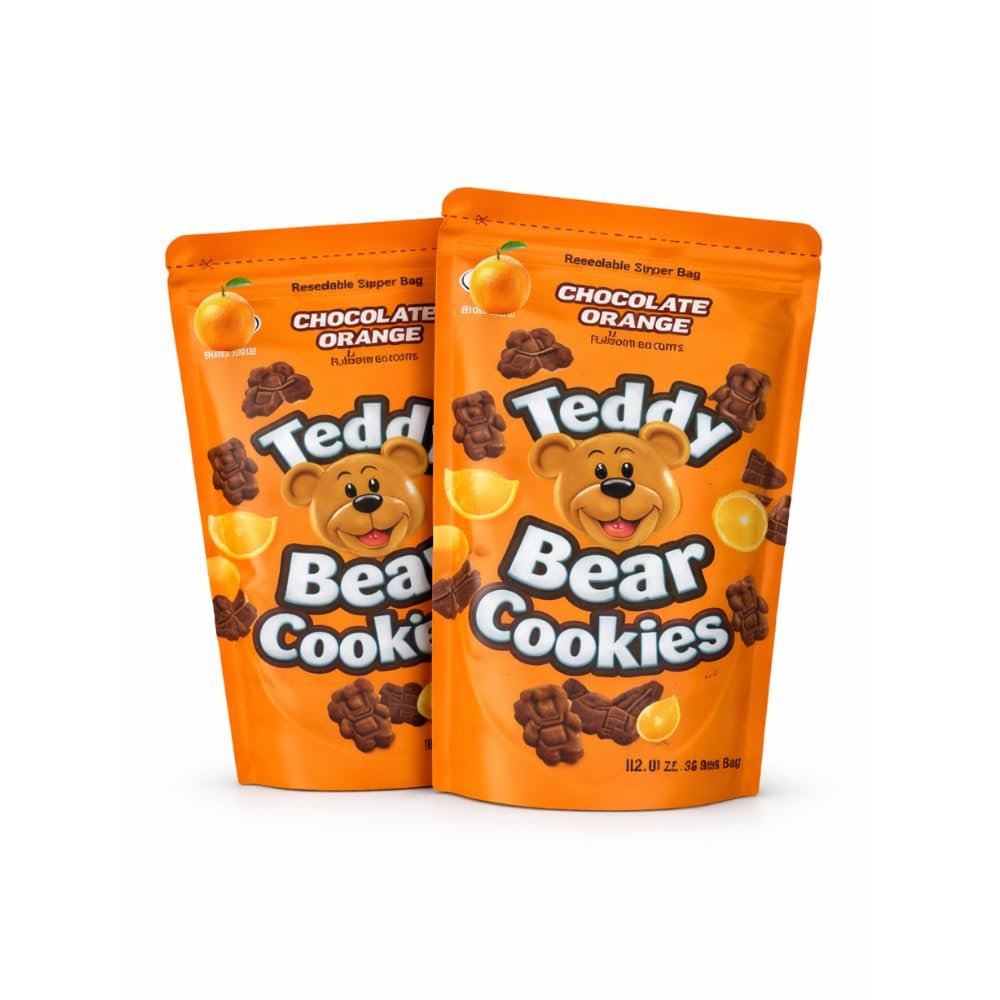 Teddy Bear Shaped Cookies Bundle Crunchy, Baked Biscuits, Sweet Kids & Family Snack, Resealable Packs, Pack of 2, 340g Each, with Thank You Card (Chocolate Orange)