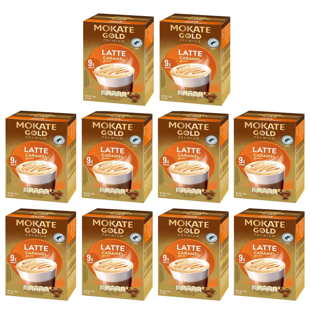 Mokate Gold Premium Caramel Latte Instant Coffee Sachets x9 (Pack of 10, Total 90 Sachets)