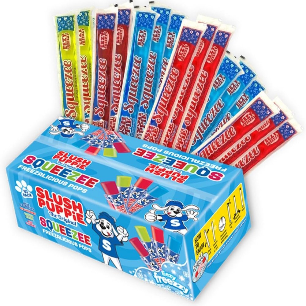 Slush Puppie Squeezee Ice Pops 50 x 60ml | Red Cherry, Lemon &Lime, Strawberry and Blue Raspberry Fruit Flavour Freezer Pops (Pack Of 1, 1, count)