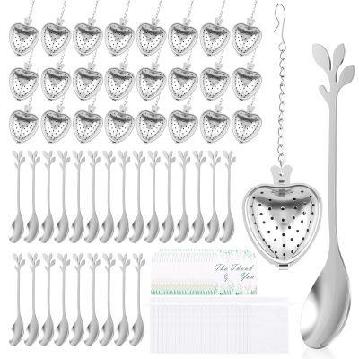 GWCYMYD 25PCS Wedding Favour Set, Heart-Shaped Tea Infuser & Mini Spoon with Chain, Thank You Card & Organza Bag, Stainless Steel Guest Gift for Bridal Shower Party(Silver)