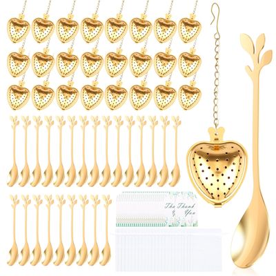 GWCYMYD 25PCS Wedding Favour Set, Heart-Shaped Tea Infuser & Mini Spoon with Chain, Thank You Card & Organza Bag, Stainless Steel Guest Gift for Bridal Shower Party(Gold)