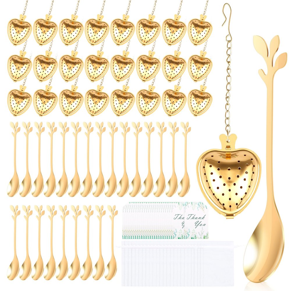GWCYMYD 25PCS Wedding Favour Set, Heart-Shaped Tea Infuser & Mini Spoon with Chain, Thank You Card & Organza Bag, Stainless Steel Guest Gift for Bridal Shower Party(Gold)