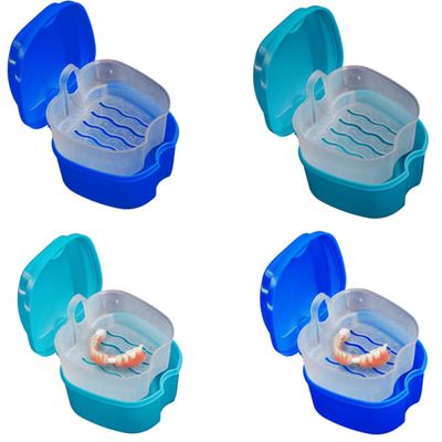 DOITOOL 2pcs Denture Retainer Storage Box Portable Lightweight Pp Material Blue Denture Case with Strainer Hinge for Party and Photo Taking Random Color