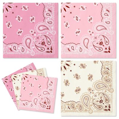 Whaline 120Pcs Paisley Cocktail Napkins Western Bandana Paper Napkins Apricot Pink Cowgirl Party Beverage Napkin for for Wild One Yeehaw Bday Rodeo Bachelorette Birthday