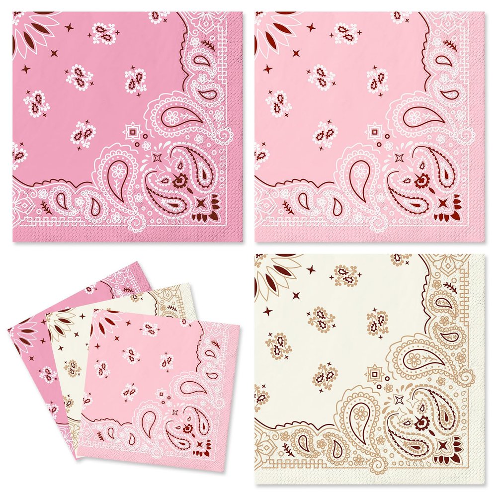 Whaline 120Pcs Paisley Cocktail Napkins Western Bandana Paper Napkins Apricot Pink Cowgirl Party Beverage Napkin for for Wild One Yeehaw Bday Rodeo Bachelorette Birthday