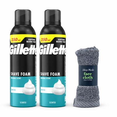 Gillette Mens Shaving Sensitive Skin Foam 250ml 2 Pack Smooth Glide Shave Cream, Beard Softening Foam, Anti-Irritation Formula, Original Scent Grooming for Daily Use with Face Towels