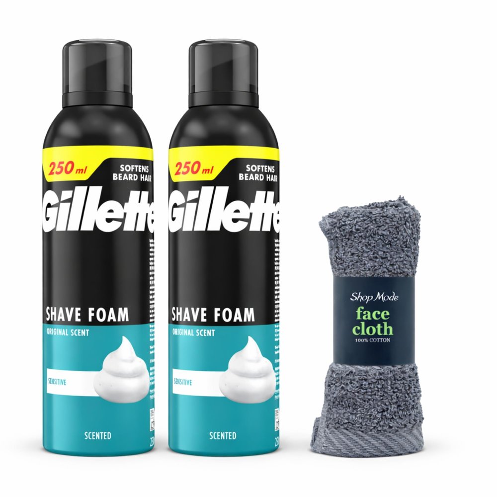 Gillette Mens Shaving Sensitive Skin Foam 250ml 2 Pack Smooth Glide Shave Cream, Beard Softening Foam, Anti-Irritation Formula, Original Scent Grooming for Daily Use with Face Towels