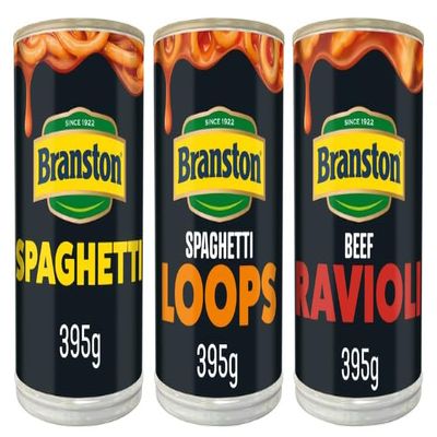 Branston Spaghetti, Spaghetti Loops, and Beef Ravioli Canned Pasta Variety, 395g Each
