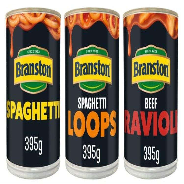 Branston Spaghetti, Spaghetti Loops, and Beef Ravioli Canned Pasta Variety, 395g Each