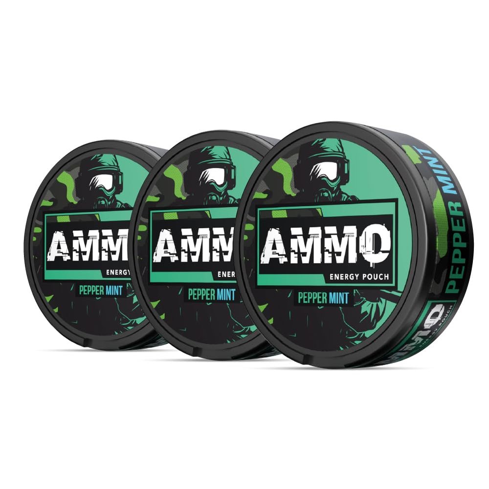 AMMO Energy Pouch Caffeine Pouch Zero Calorie Energy Boost Fast Acting Caffeine Pouches 20 Count Tropical Thunder 100mg 3 Pack (Pepper Mint-3 Pack)