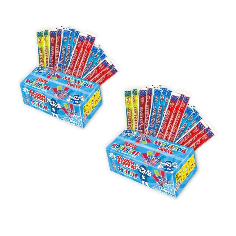 Slush Puppie Squeezee Ice Pops 50 x 60ml | Red Cherry, Lemon &Lime, Strawberry and Blue Raspberry Fruit Flavour Freezer Pops (Pack Of 2, 1, count)