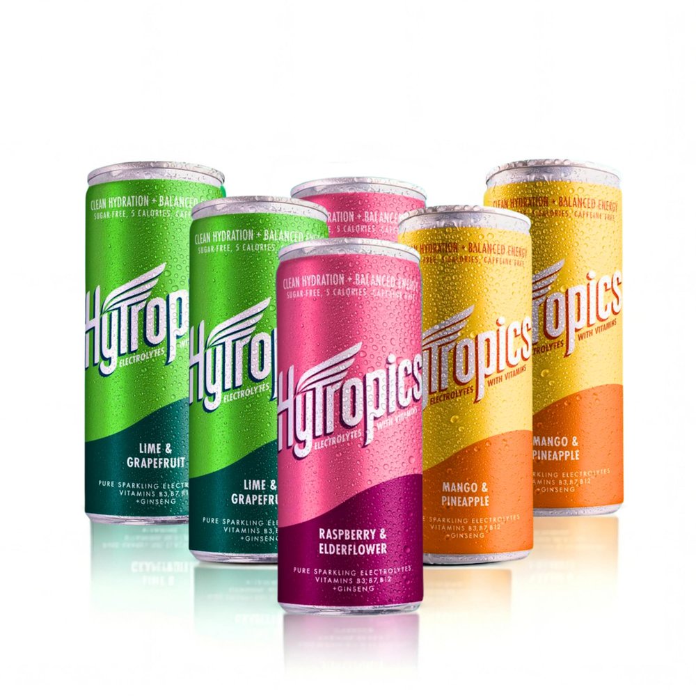 Hytropics Electrolyte Drink Multipack (6 x 250ml) - Sparkling Sugar Free Hydration Drink with B Vitamins & Ginseng - Caffeine Free Energy Drink Alternative for Focus & Jet Lag Recovery