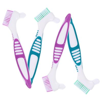 TEMPNAP 4pcs Denture Brush with Large Handle and Multi-Layered Bristles, Double-Sided Toothbrush Made of Pp and Nylon, Ergonomic Design Gentle on Gums for Effective Denture Cleaning