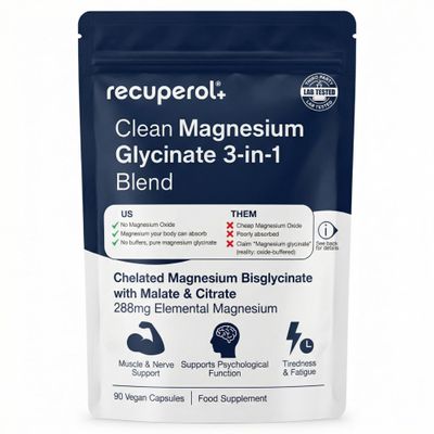 Magnesium Glycinate 3-in-1 by Recuperol - 2100mg as Bisglycinate, Citrate & Malate - No Oxide, No Buffers - 90 Easy-Swallow Capsules - 288mg Elemental Magnesium - UK Made