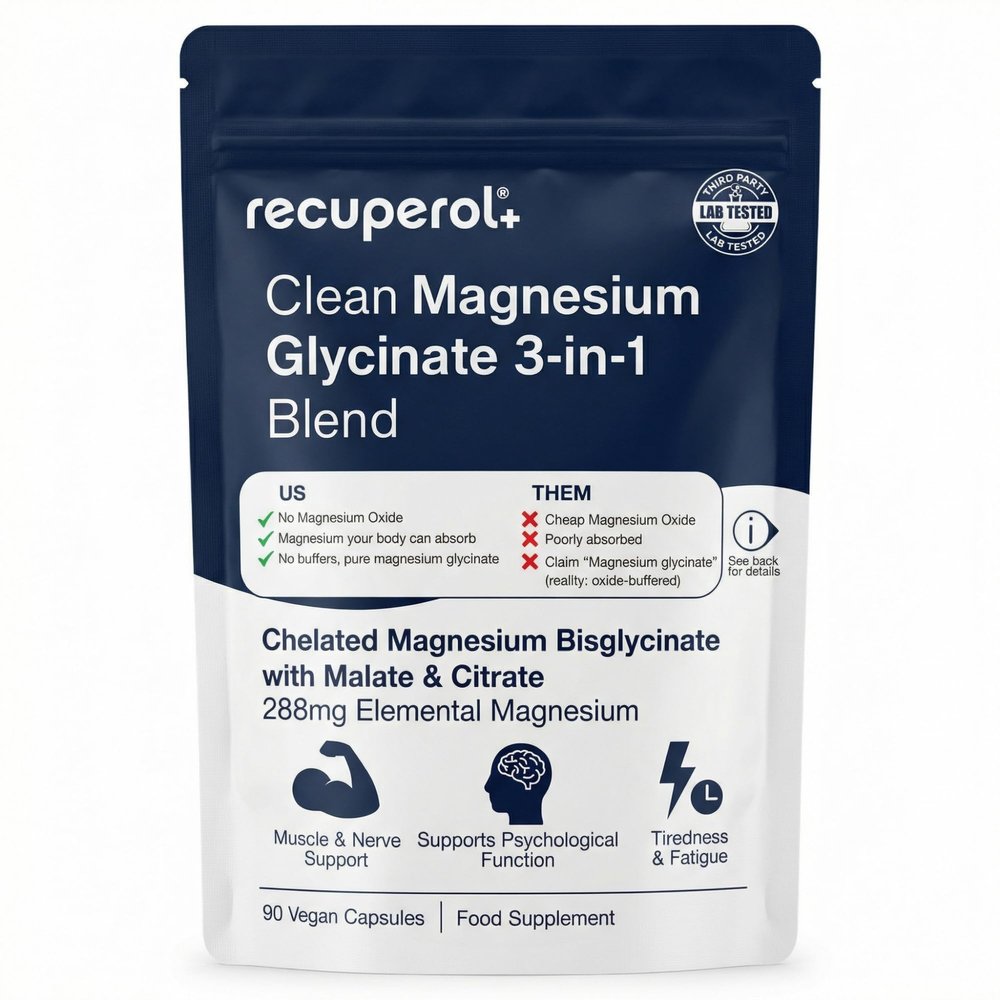Magnesium Glycinate 3-in-1 by Recuperol - 2100mg as Bisglycinate, Citrate & Malate - No Oxide, No Buffers - 90 Easy-Swallow Capsules - 288mg Elemental Magnesium - UK Made