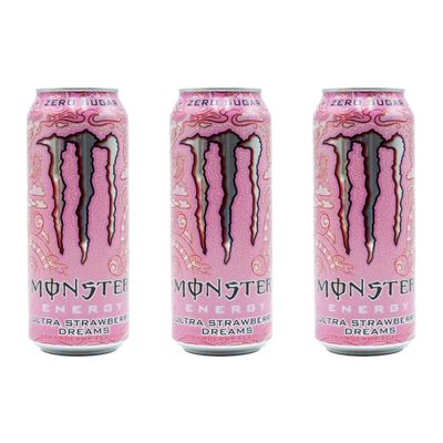 Monster Ultra Strawberry Dreams Zero Sugar Flavoured Drink, 500ml, Pack of 3