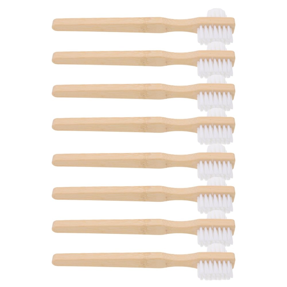NULYLU 8pcs Denture Toothbrushes with Dual Brush Heads and Medium Hardness Nylon Bristles, Bamboo Ergonomic Handle for Comprehensive Cleaning of False Teeth and Oral Appliances at Home Or