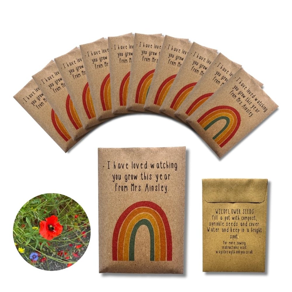 20 x Teacher Thank You Seed Packets Wildflower Gift for Students, End of Term Class Gifts, School Leavers, Eco Friendly Appreciation Gift, Personalised Option, Rainbow (20)