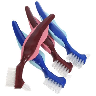 POPETPOP 4pcs Denture Cleaning Brush with Dual Heads for Thorough Cleaning Portable Design Nylon Bristles and Pp Handle and Braces