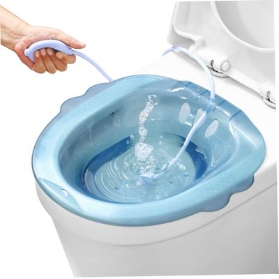 Sitz Bath Portable Over The Toilet Bidet with Flusher Anti-Overflow Large Capacity Bidet Attachment for Hemorrhoids Postpartum Care Intimate Private Hygiene (Blue with Flusher)