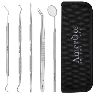 Amero Dental Cleaning Kit Stainless Steel Plaque & Tartar Remover Tools with Mirror, Scraper & Pick Oral Care Hygiene Set with Case