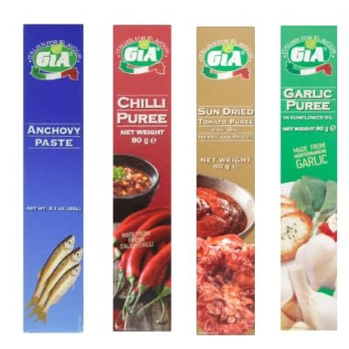 GiA Italian Puree Variety Pack, Anchovy Paste, Chilli, Sun Dried Tomato, Garlic Puree, 80g