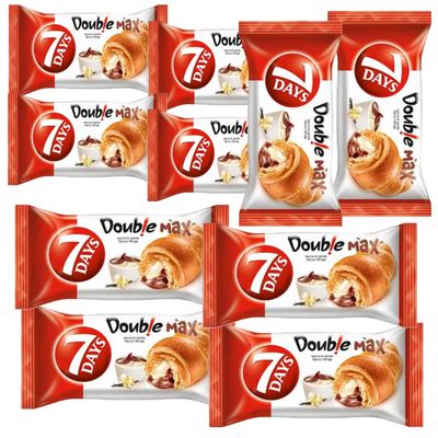 7Days Double Super Max Cacao Vanilie Filled Croissant Snack for Quick Bites and Breakfast Product of Poland Pack of 10