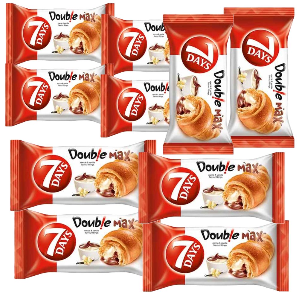 7Days Double Super Max Cacao Vanilie Filled Croissant Snack for Quick Bites and Breakfast Product of Poland Pack of 10