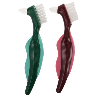 IMIKEYA Double-Headed Denture Cleaning Brush 2Pcs Non-Slip Ergonomic Handle for Seniors Hard Bristle False Teeth Oral Care Dental Tool for Comfortable Use