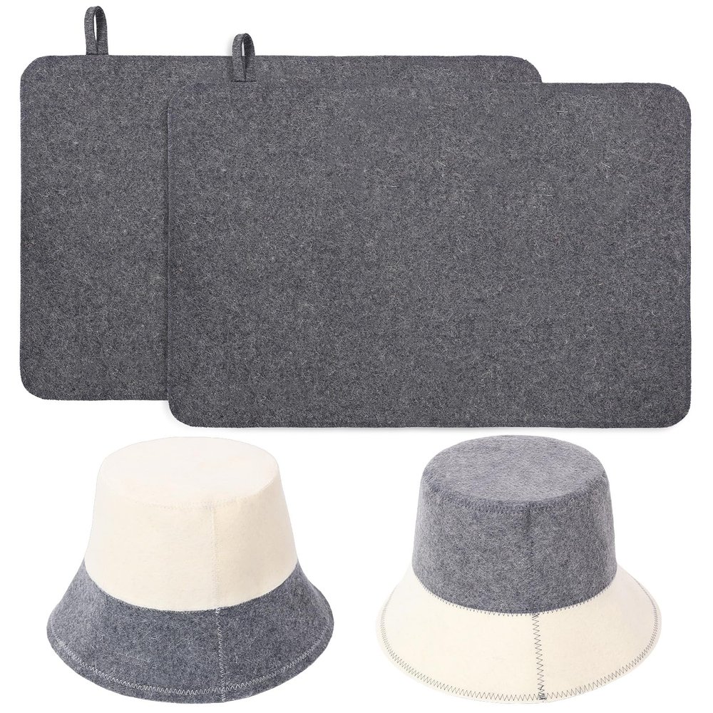 4PCS Sauna Hat & Mats Premium Felt Banya Set with Hook High Absorbent Steam Room Essential Parts Practical Steam Bath Sauna Accessories for Women And Men Travel-Friendly Design