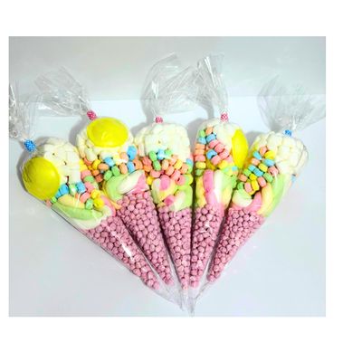 10 x Pre Filled Party Sweet Cones Assorted Candy Treat Bags Retro Sweets Marshmallows Rainbow Mix Kids Birthday Wedding Christening Favours Gifts Colourful Snack Selection (10, Pink Strawberry Mix)