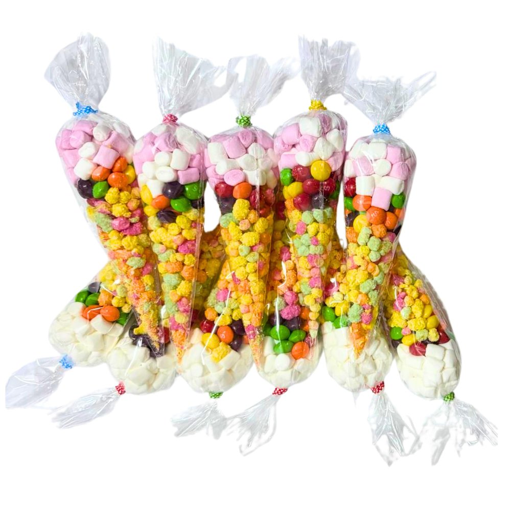 10 x Pre Filled Party Sweet Cones Assorted Candy Treat Bags Retro Sweets Marshmallows Rainbow Mix Kids Birthday Wedding Christening Favours Gifts Colourful Snack Selection (10, Rainbow Mix)