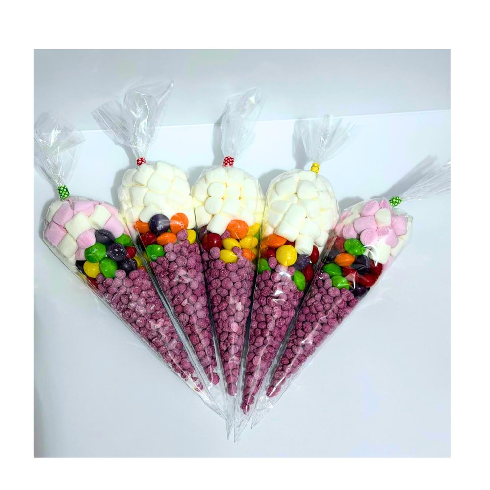 10 x Pre Filled Party Sweet Cones Assorted Candy Treat Bags Retro Sweets Marshmallows Rainbow Mix Kids Birthday Wedding Christening Favours Gifts Colourful Snack Selection (10, Vimto Mix)