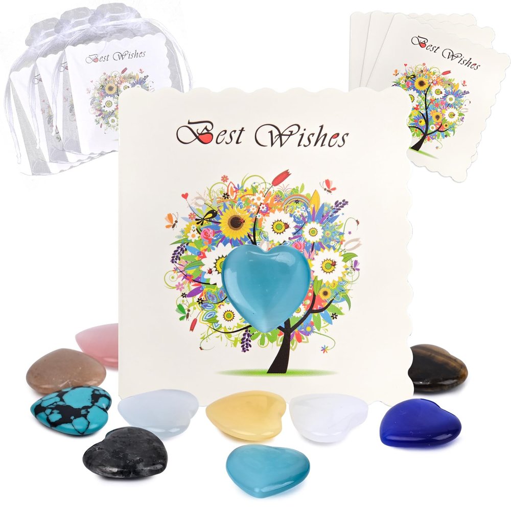 10 Pack Heart Lucky Stones with Organza Bags and Cards, Party Favors Birthday Guest Gifts, Gemstones Heart Shape Charms for Baptism Communion First Day Wedding