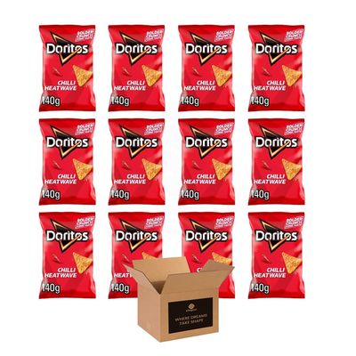 Doritos Tortilla Chips Snack Sharng Bags Bold Crunch, Iconic Taste | Crispy Flavoured Chips Variety of Flavor | Party, Movie Night Crisps (Chilli Heatwave 140g - Pack 12)