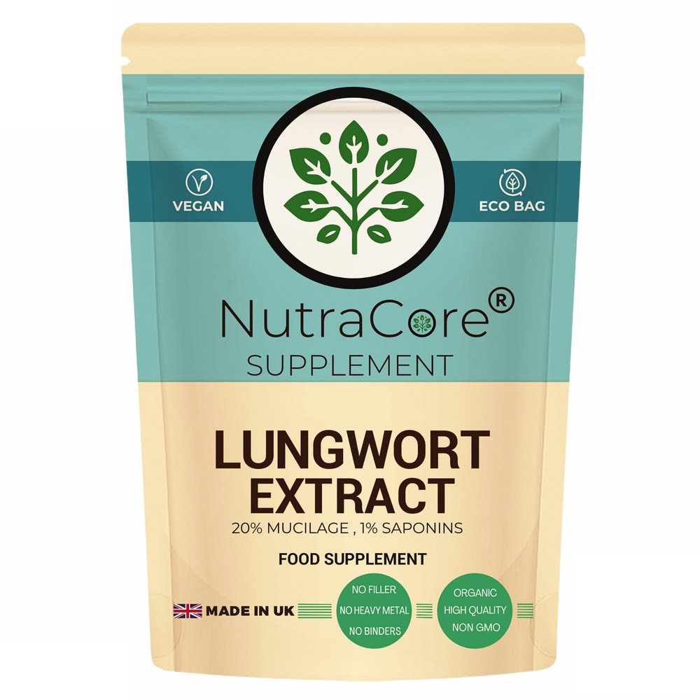 Lungwort Extract Capsules 5500mg (10:1) 20% Mucilage & 1% Saponins Herbal Lung & Respiratory Support Supplement Vegan, Non-GMO, No Fillers Made in UK NutraCore (90 Caps)