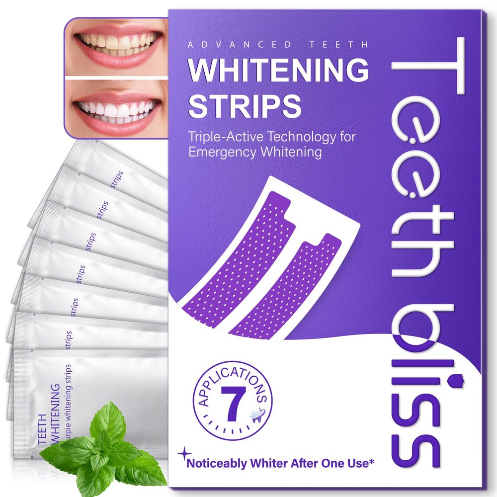 Purple Teeth Whitening Strips: Peroxide-Free At Home WhitenerPortable for Travelling, Before Parties, WorkCoffee Tea Red Wine Soda Drinkers 7 Packs (14 Strips)