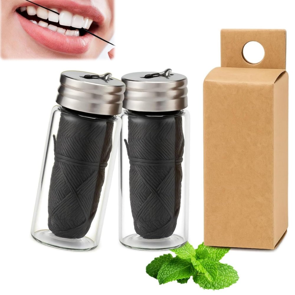 2PCS Natural Mint Bamboo Dental Floss,Plastic Free Teeth Floss,Dental F-Loss Tape,Silk Fl-OSS with Glass Box,Easy Glide Feeling Fresh Flavour,Deep Cleaning of Gaps and Surfaces Between Teeth,(30m*2)
