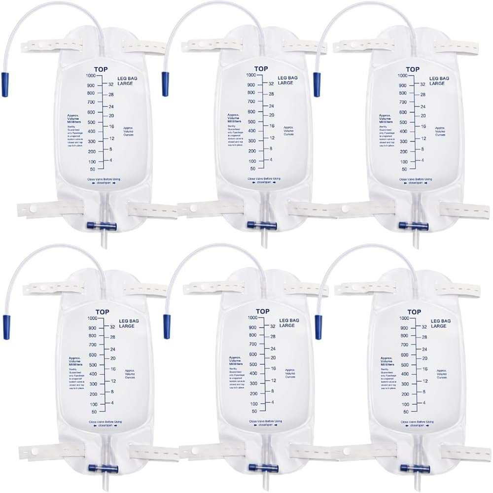 Akfldms Catheter Bag 1000ml for Men, Foley Catheter Leg Bags 6 Pack, for Splash- Drain Design Urine