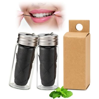 2PCS Natural Mint Bamboo Charcoal Dental Floss,Dental Floss Tape,Bamboo Flo-Ss,With Glass Holder,Easy Glide Feeling Fresh Flavour,For Teeth Cleaning,For Sensitive Teeth,Remove Stains,Mint Flavour(30m)