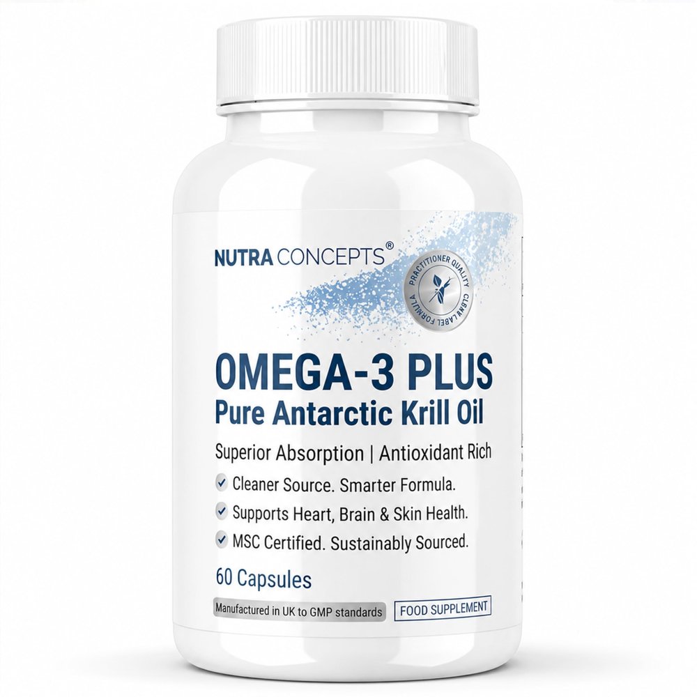 Nutraconcepts Omega-3 Plus - Pure Antarctic Krill Oil - 500mg - 60 Easy Swallow Capsules - Phospholipid Omega-3s with Natural Astaxanthin - EPA 140mg & DHA 65mg - Supports Heart, Brain & Skin Health