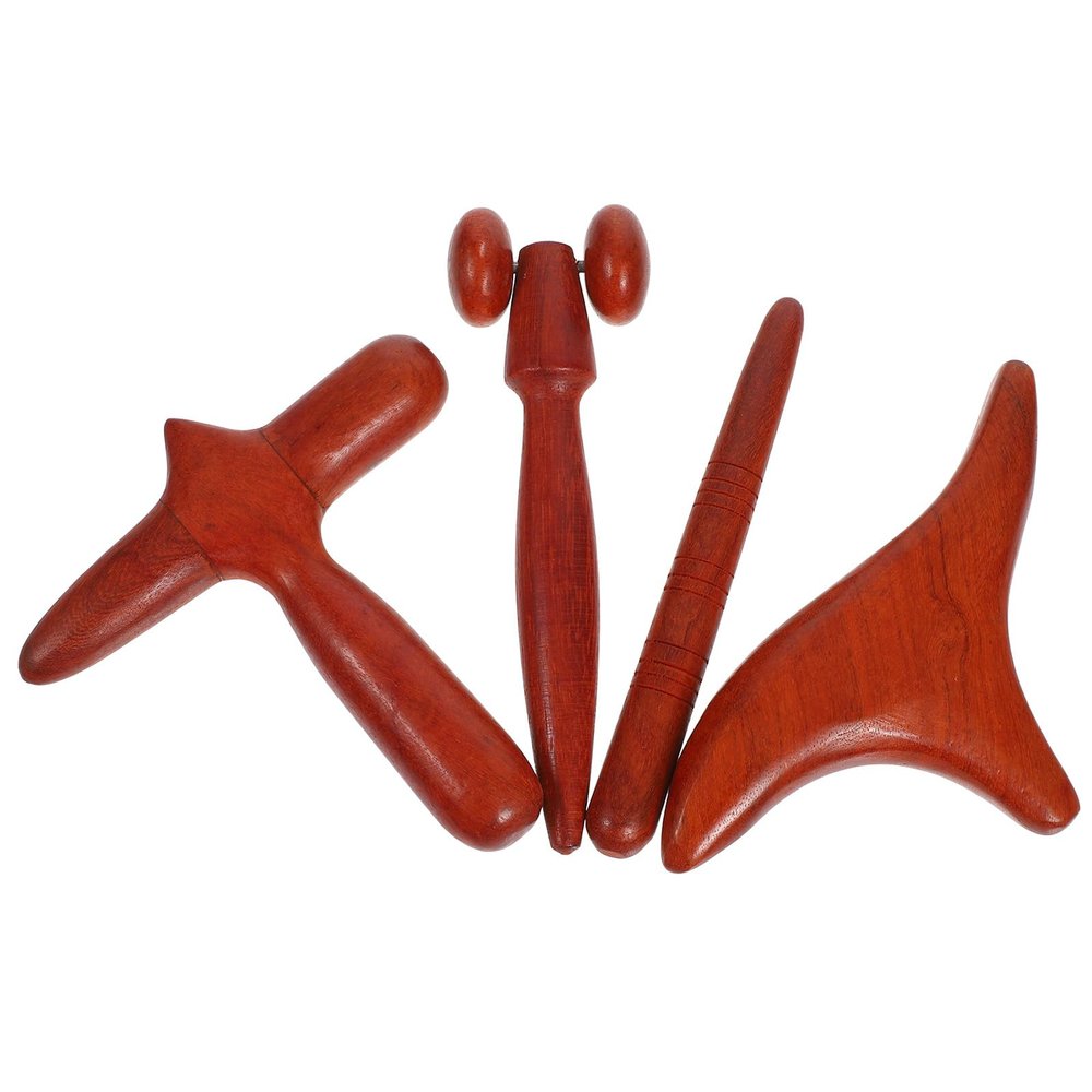 PATKAW Wooden Massage Tools Set Featuring T Shape, Bird Shape, Roller 4pcs for Body and Muscle Relaxation with Comfortable to Hold Design, Brown Wood Material and Straight Style