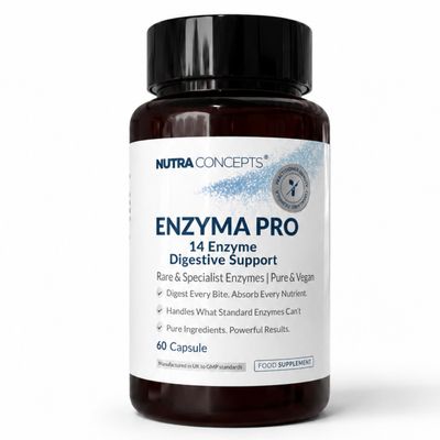 Nutraconcepts Enzyma Pro - 14-Enzyme Digestive Complex - 60 Vegan Capsules - Supports Digestion, Bloating & Nutrient Absorption Bromelain, Papain, Lactase, Lipase, Amylase Non-GMO - Made in UK