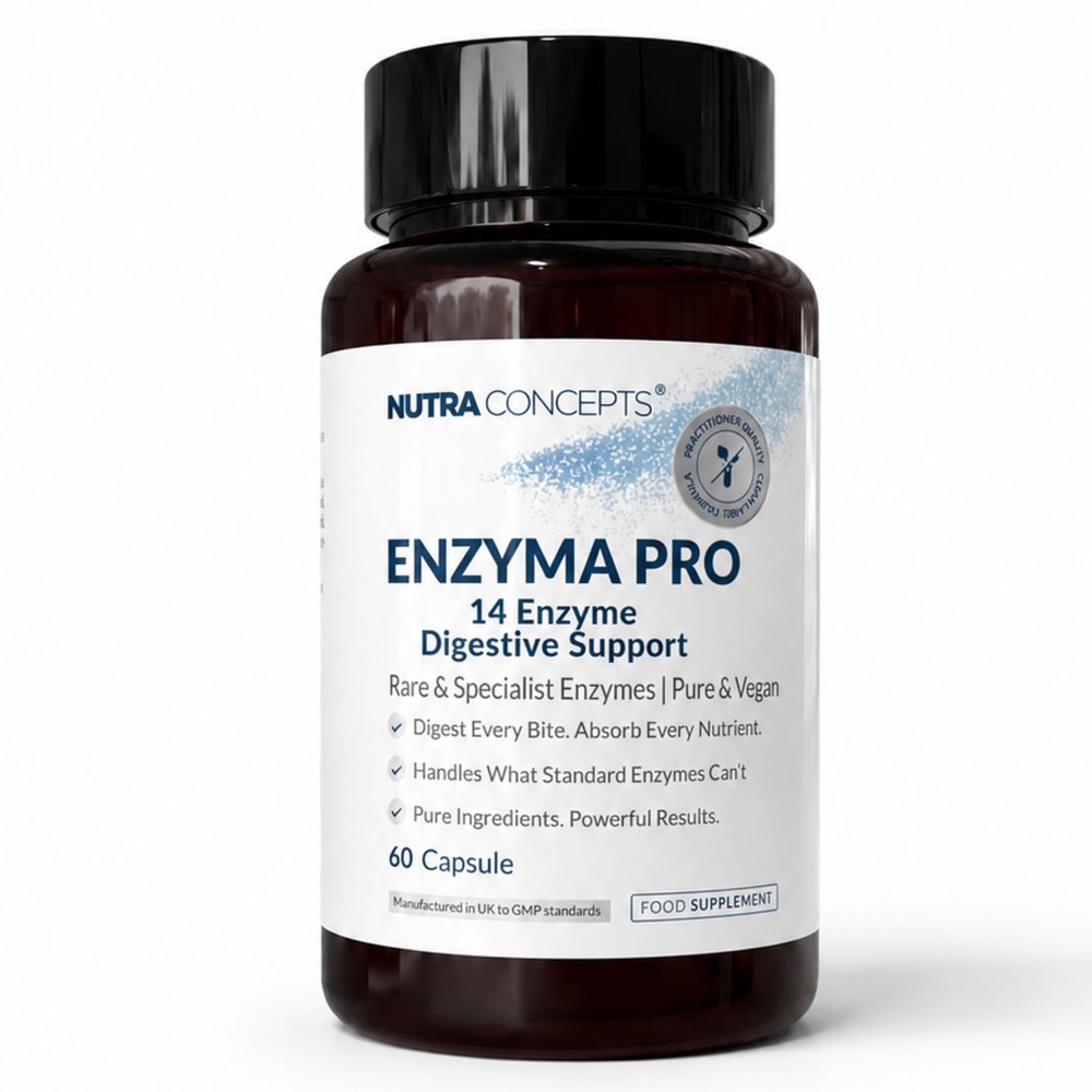 Nutraconcepts Enzyma Pro - 14-Enzyme Digestive Complex - 60 Vegan Capsules - Supports Digestion, Bloating & Nutrient Absorption Bromelain, Papain, Lactase, Lipase, Amylase Non-GMO - Made in UK