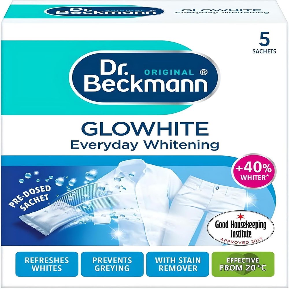 Dr Beckmann Glowhite Fabric Whitener 5x 40g Sachets - Whitening Powder for Whites - Brightens Dull Grey Laundry - Works with Detergent - Machine Wash Fabric Brightener - Keeps Whites White